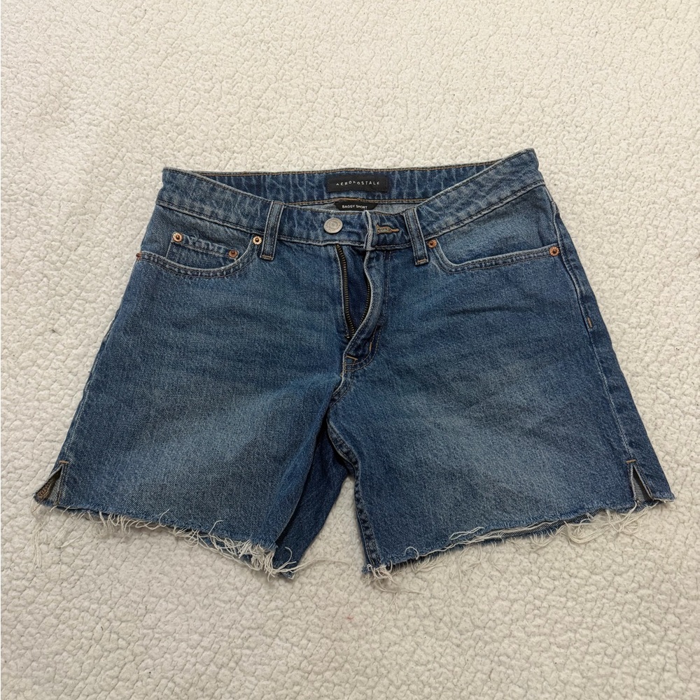 Aeropostale Medium Blue Denim Baggy Frayed Hem Shorts